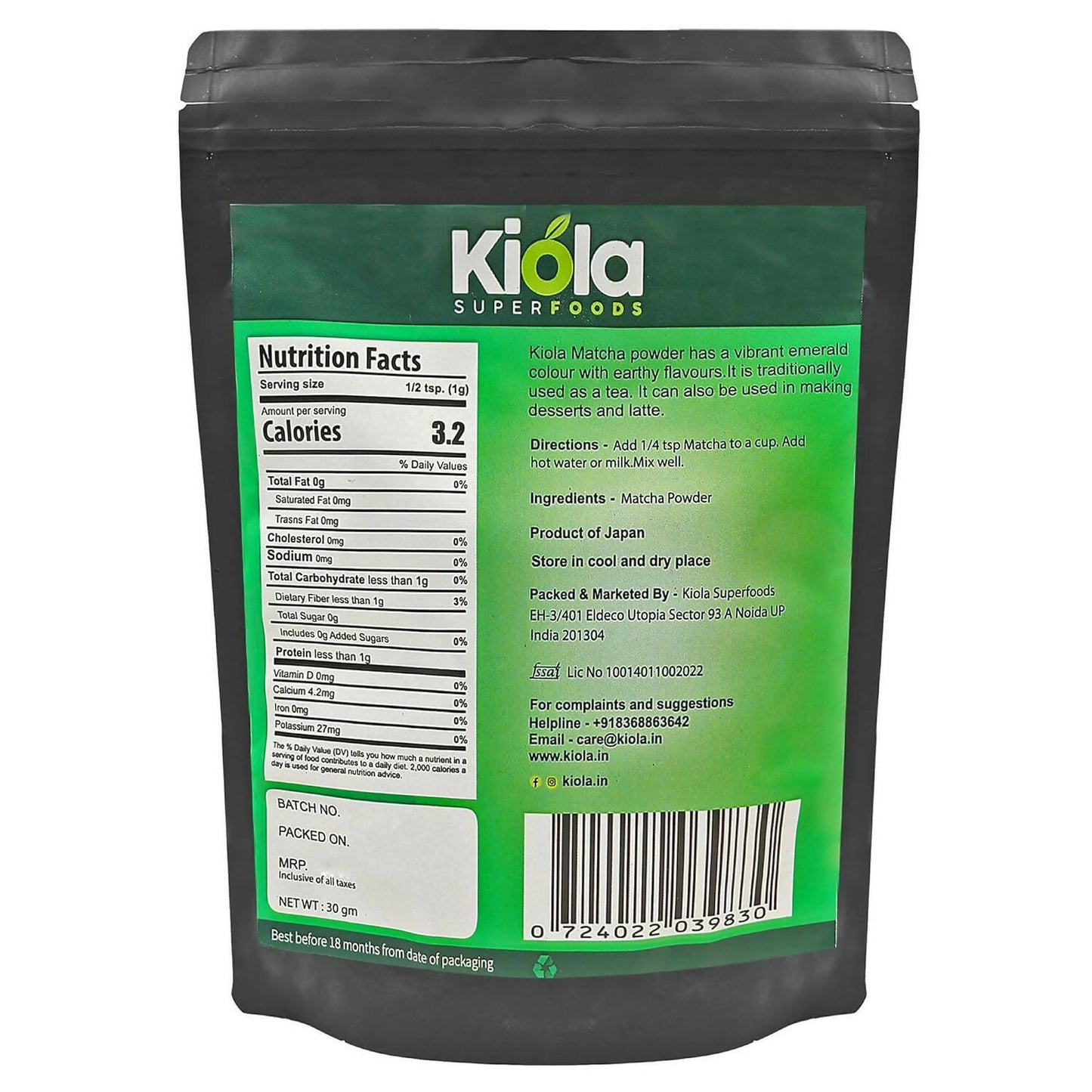 Kiola Superfoods Japanese Matcha Green Tea Powder | Swadesiicart