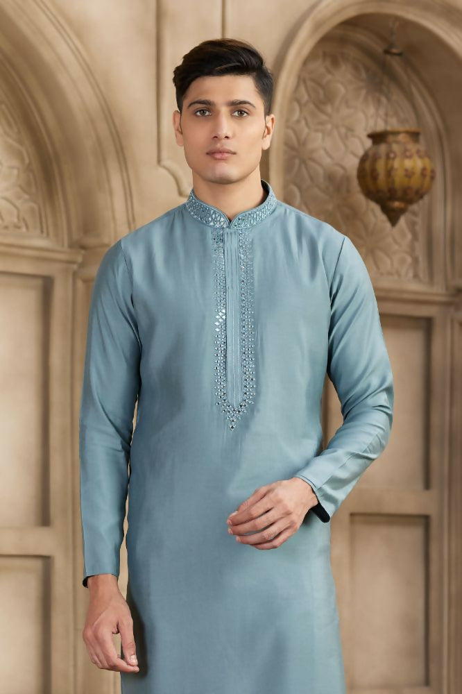 Raivat Ethnic Banarasi Art Silk Mirror Work Kurta Pajama In Grey Colour | Swadesiicart
