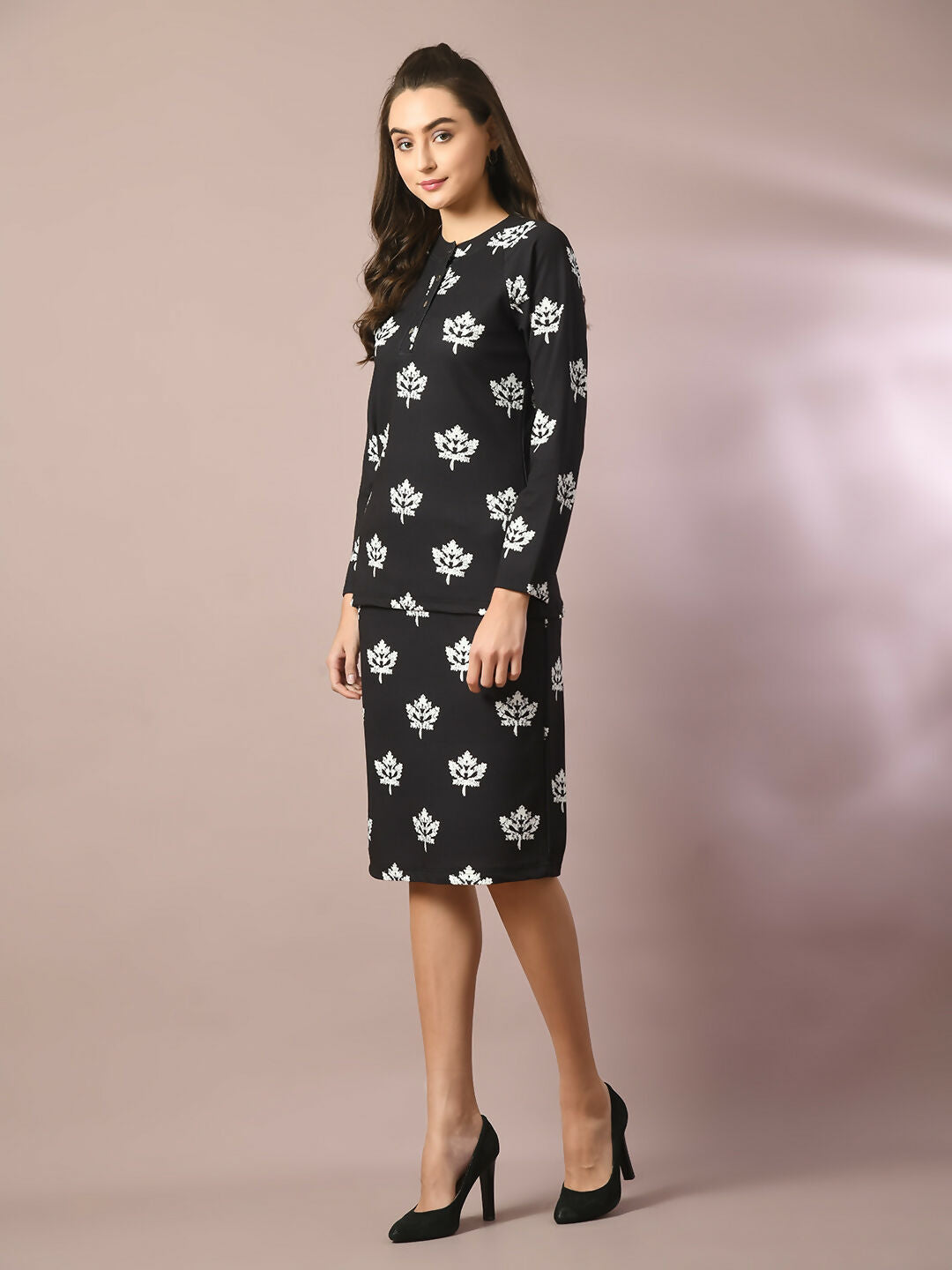 Myshka Women's Black Printed Round Neck Party Top With Skirt Co-ord set - Swadesiicart