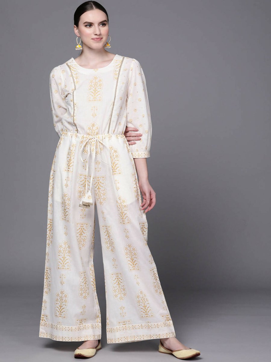 Ahalyaa Off White Printed Basic Jumpsuit - Swadesiicart