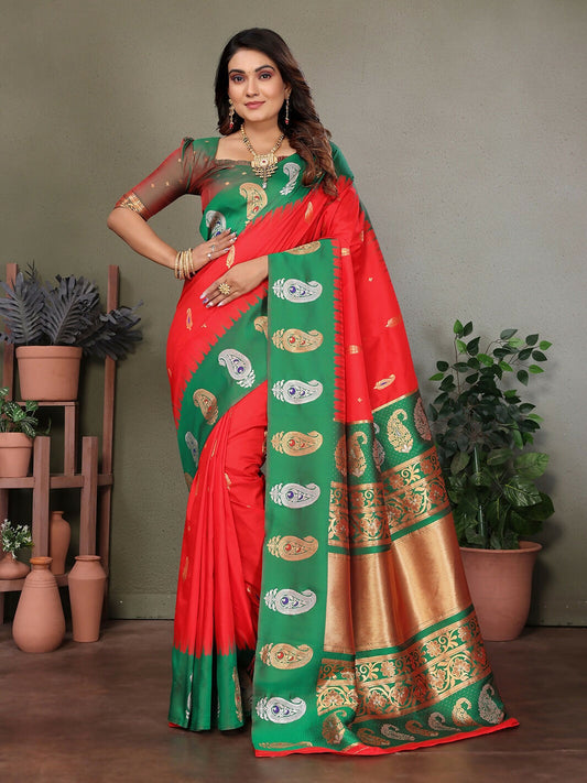 Joban Fashion Banarasi Red Butti Soft Silk Saree | Swadesiicart
