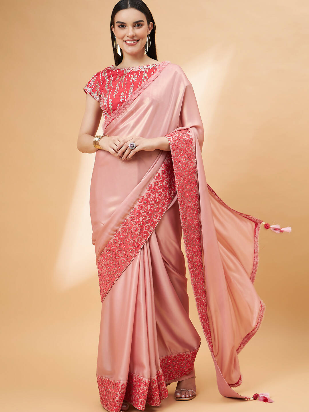 Light Pink Satin Georgette Laser Cut Floral Embroidery , Resham, Zari And Cord Embroidery Saree - Norita Hit Design - Swadesiicart