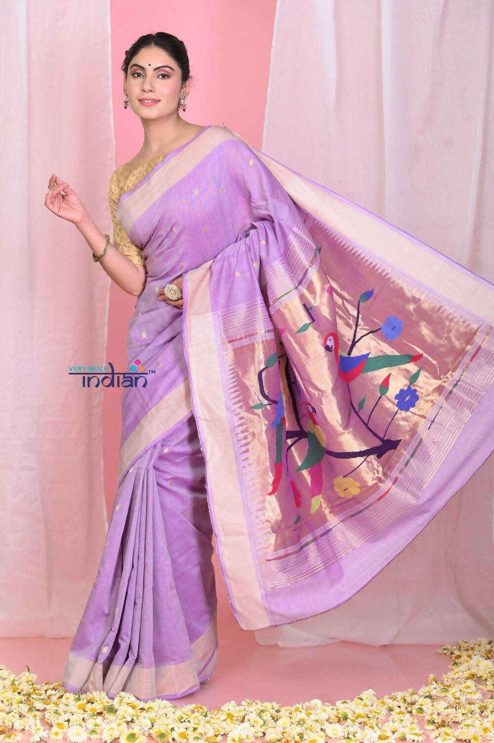 Very Much Indian Handloom Pure Cotton Paithani With Handwoven Pallu -Lilac | Swadesiicart