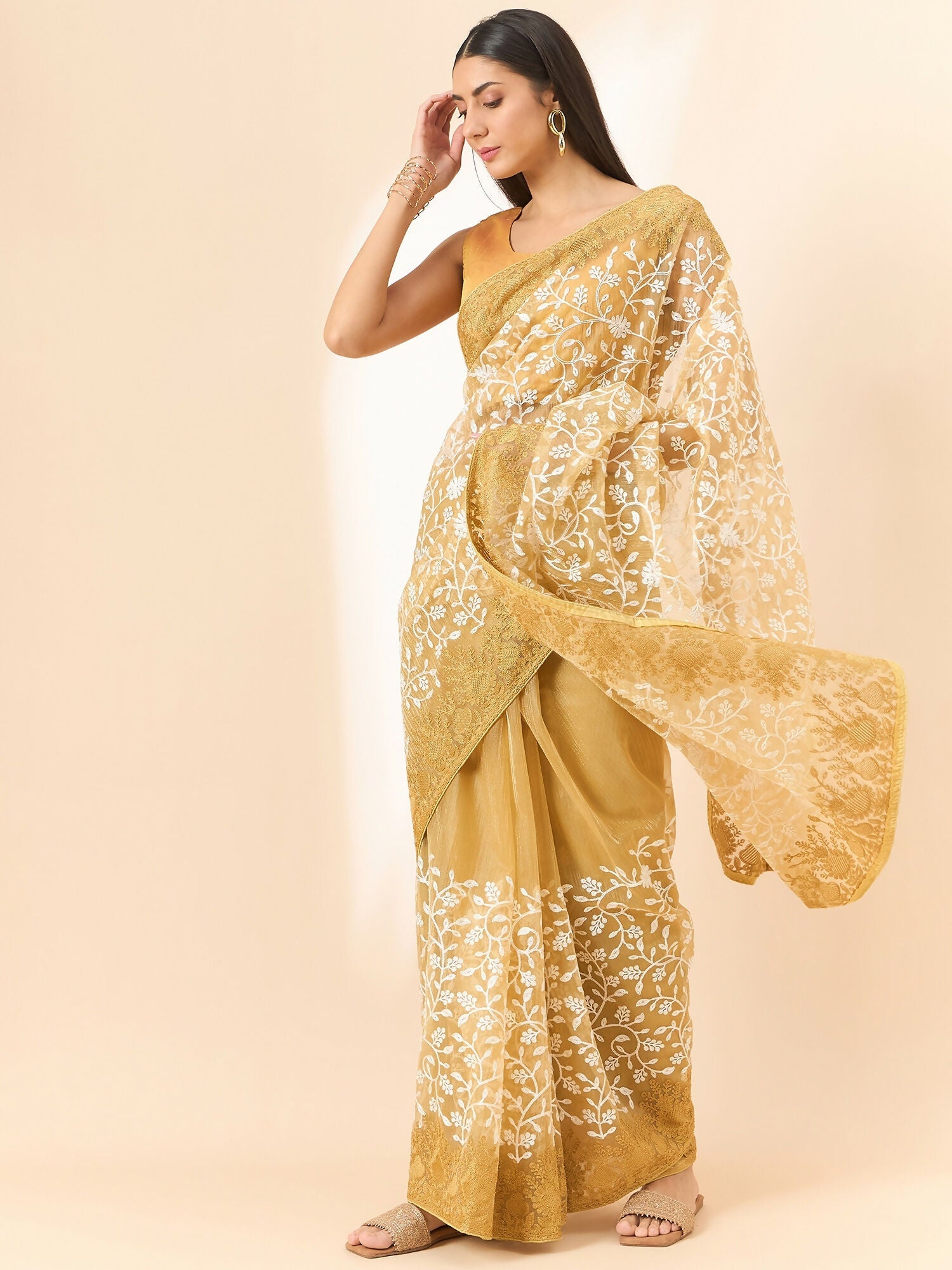 Beige Organza Floral Embroidered Saree with Unstitched Blouse Piece - Roozal