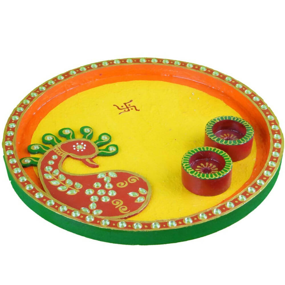 Kundan HandiKrafts Mdf Peacock Pooja Thali (Round) | Swadesiicart