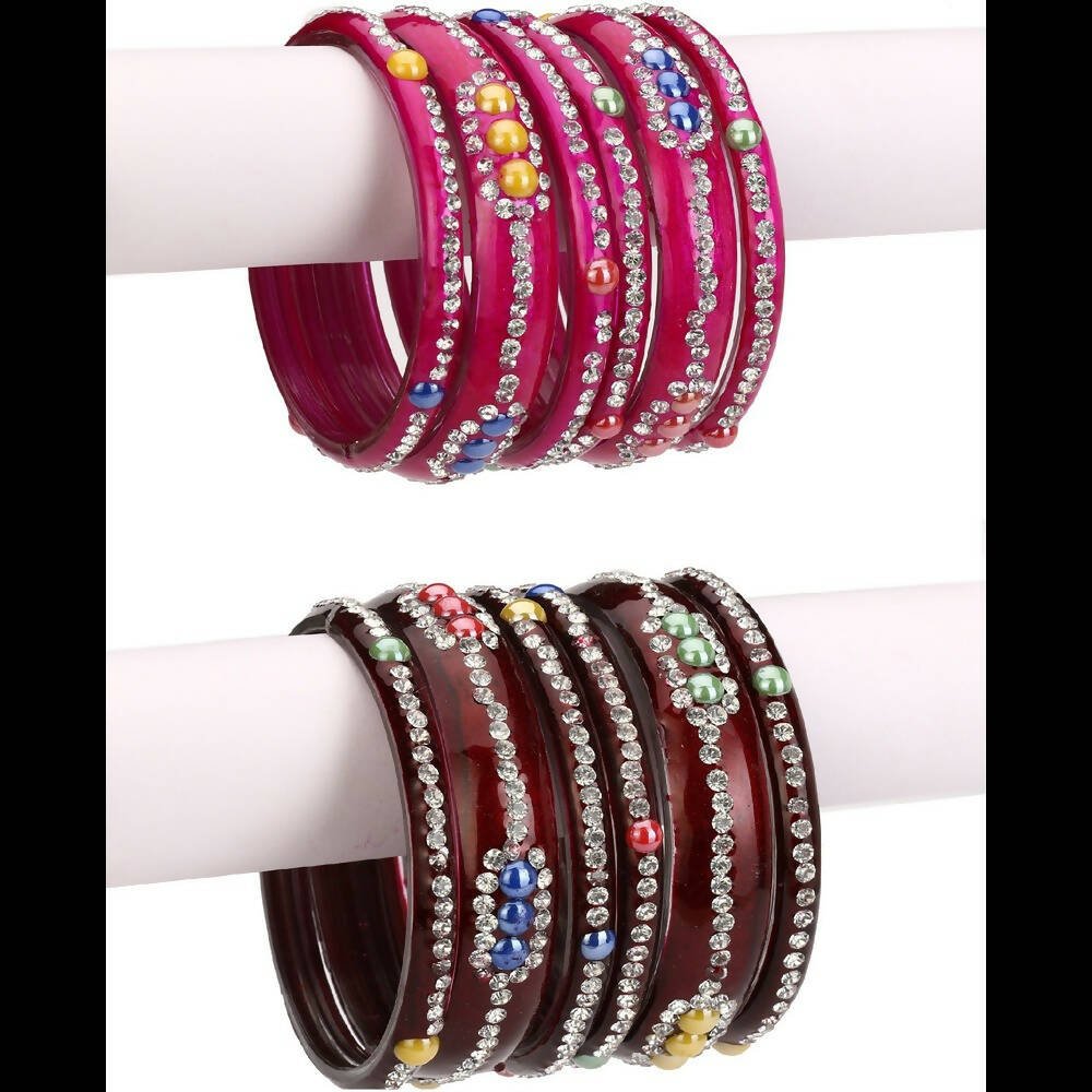 Afast Bridal Wedding & Party Fashionable Colorful Glass Bangle/Kada Set, Pack Of 12 - Maroon, Pink - Afast Enterprises