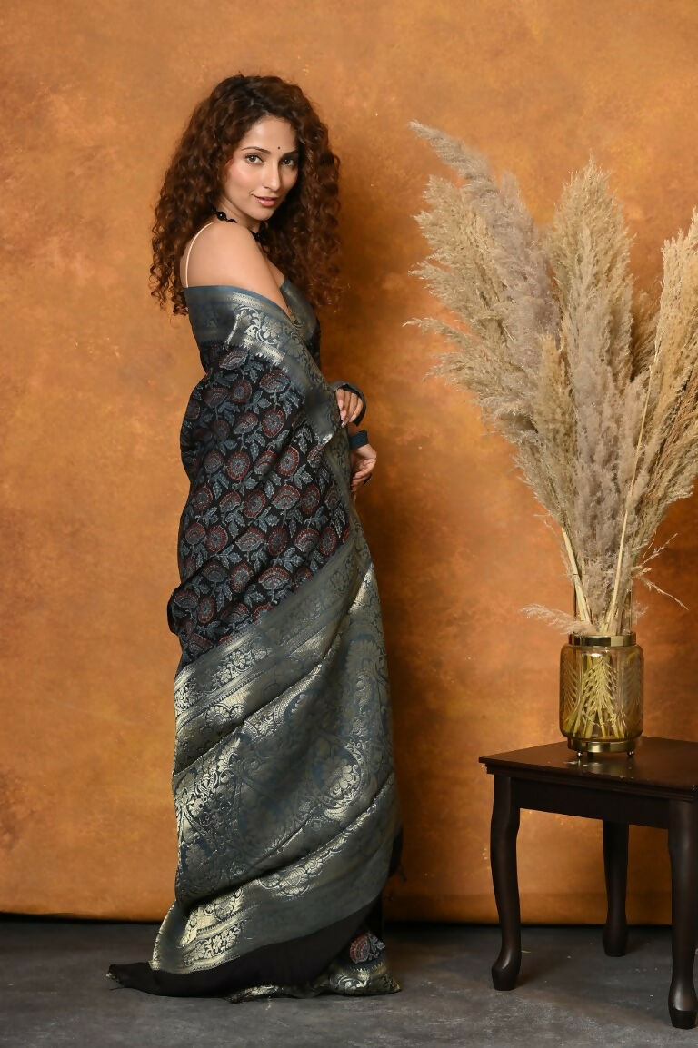 Very Much Indian Modal Silk Ajrakh Handblock Printed Natural Dyes With Designer Border Saree - Blue | Swadesiicart