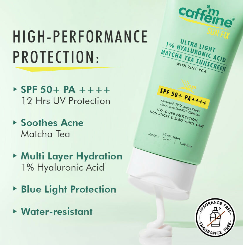 mCaffeine Sun Fix Ultra Light 1% Hyaluronic Acid Matcha Tea Sunscreen SPF 50+ PA++++ | Swadesiicart