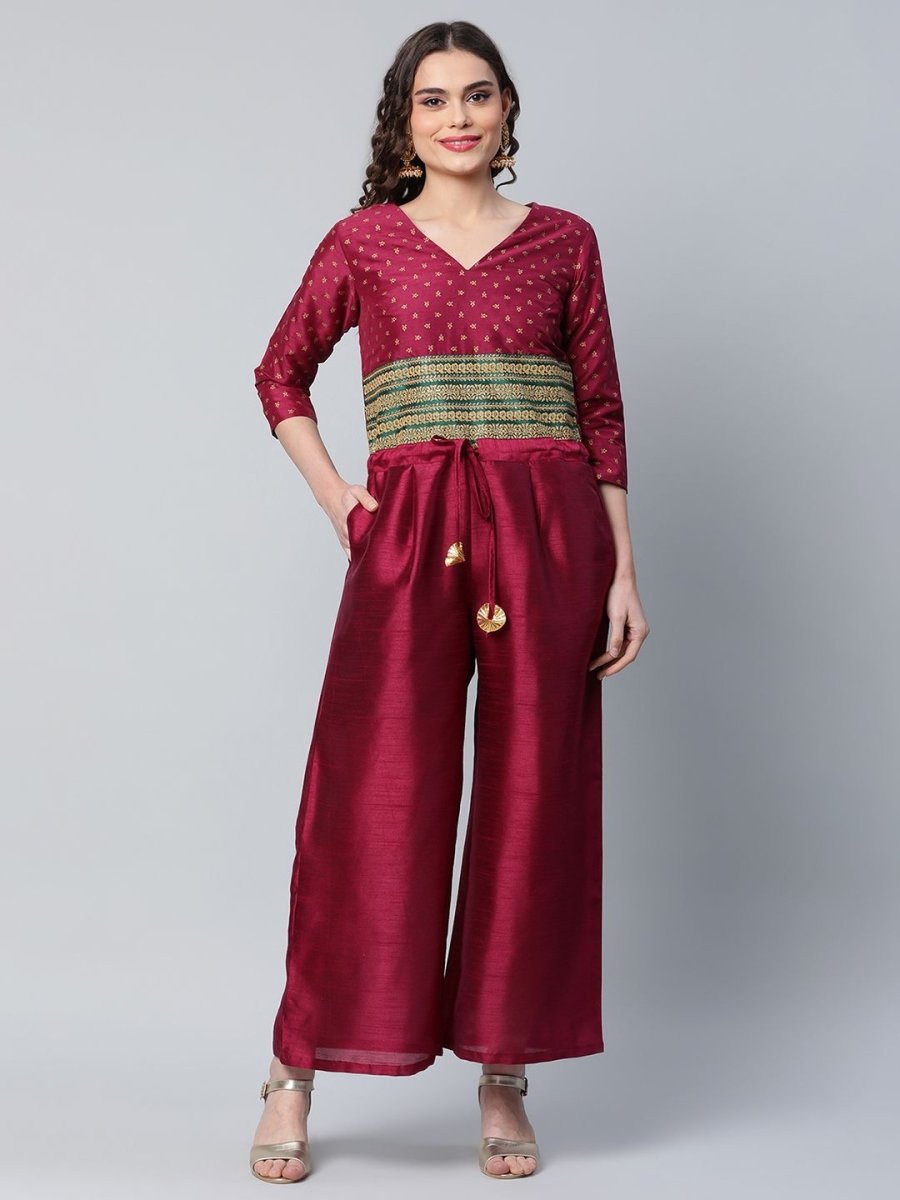 Ahalyaa Womens Burgundy crepe Printed Jumpsuit | Swadesiicart