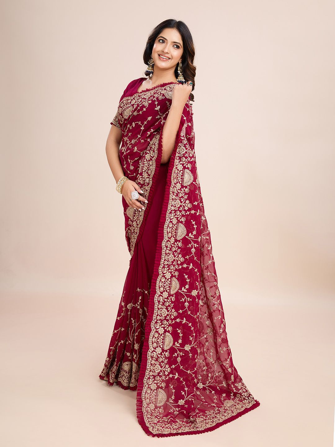 kasee Floral Embroidered Pure Georgette Ready to Wear Saree | Swadesiicart