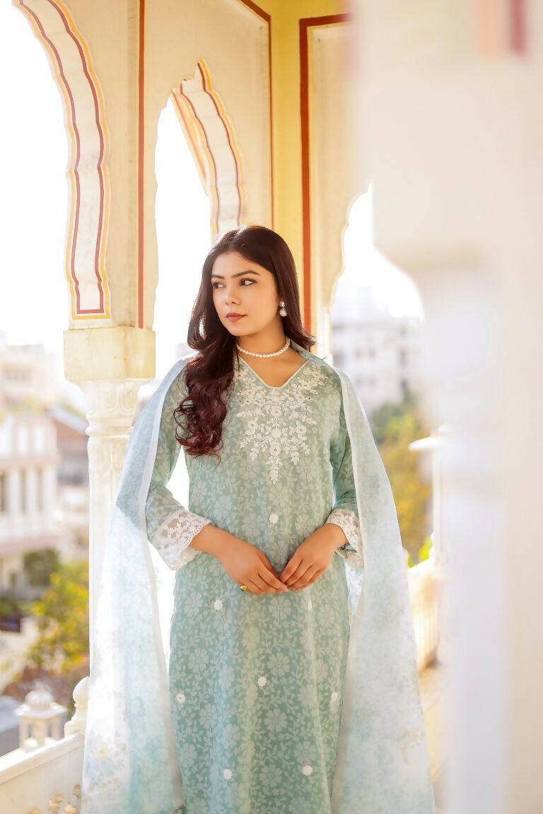 Vaasva Women Sky Blue Linen Floral Printed Kurta, Pant & Dupatta set | Swadesiicart