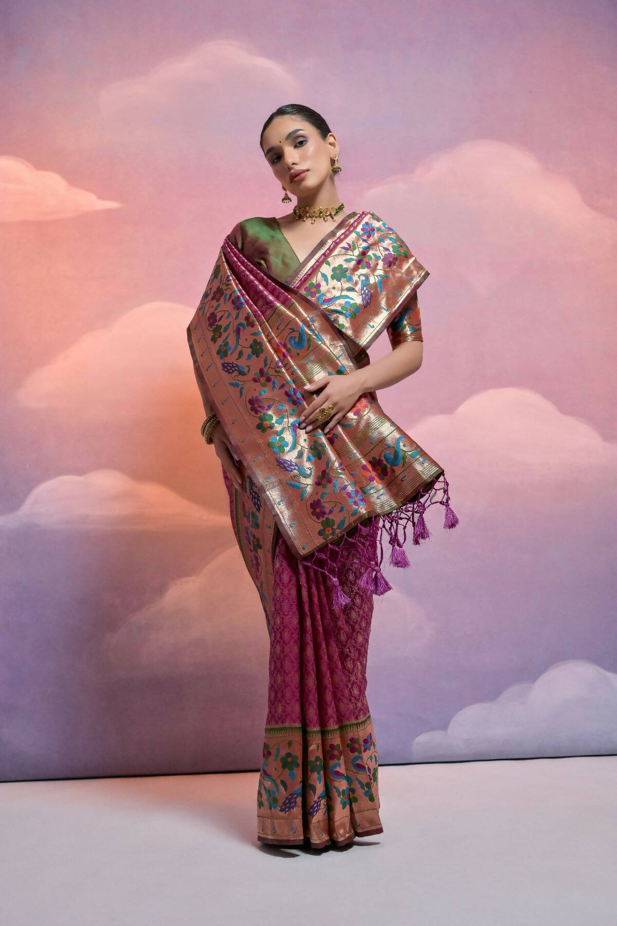 Vishnu Weaves Women's Wine Paithani Silk Zari Woven Saree with Blouse - Swadesiicart