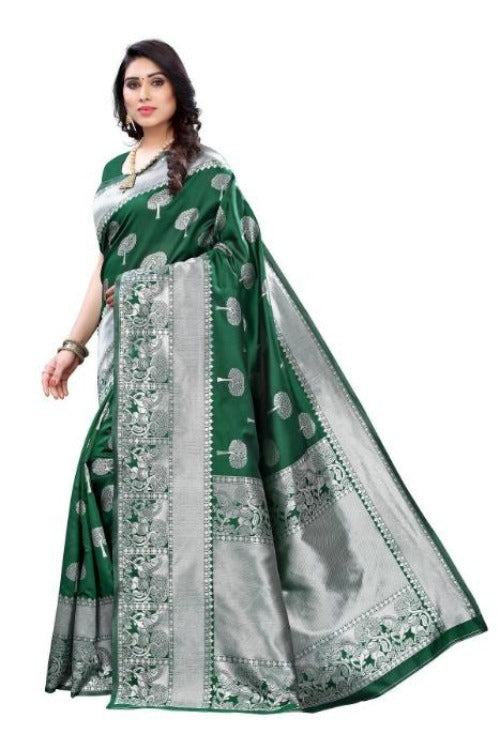 Vamika Banarasi Jacquard Weaving Green Saree (AMEE GREEN) | Swadesiicart