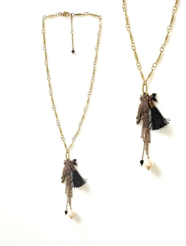Bling Accessories Antique Brass Finish Qwl Pendant long Charm Necklace with Black Mini Tassel & Baroque Pearl | Swadesiicart