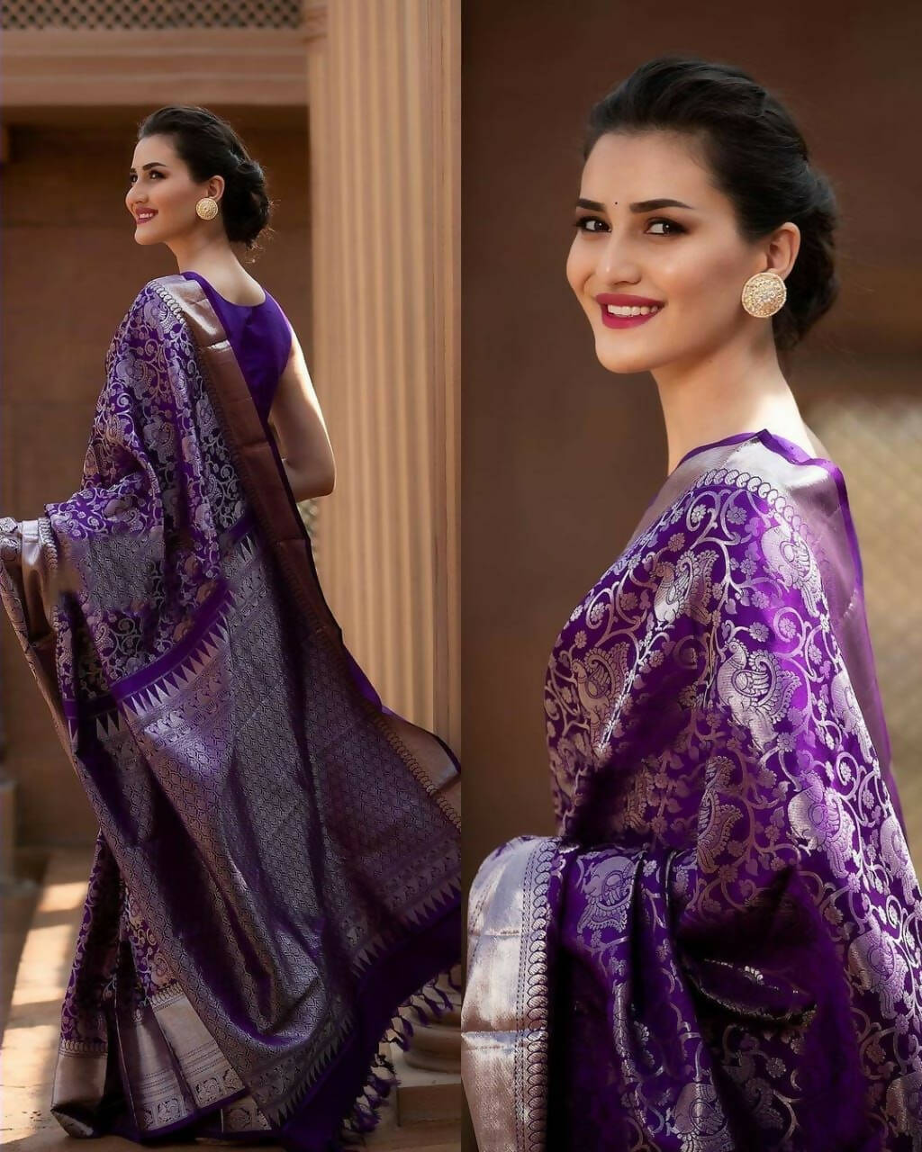 DEIANA'S Beautiful Designer Golden zari Soft Lichi Silk Saree - Majenta - Swadesiicart
