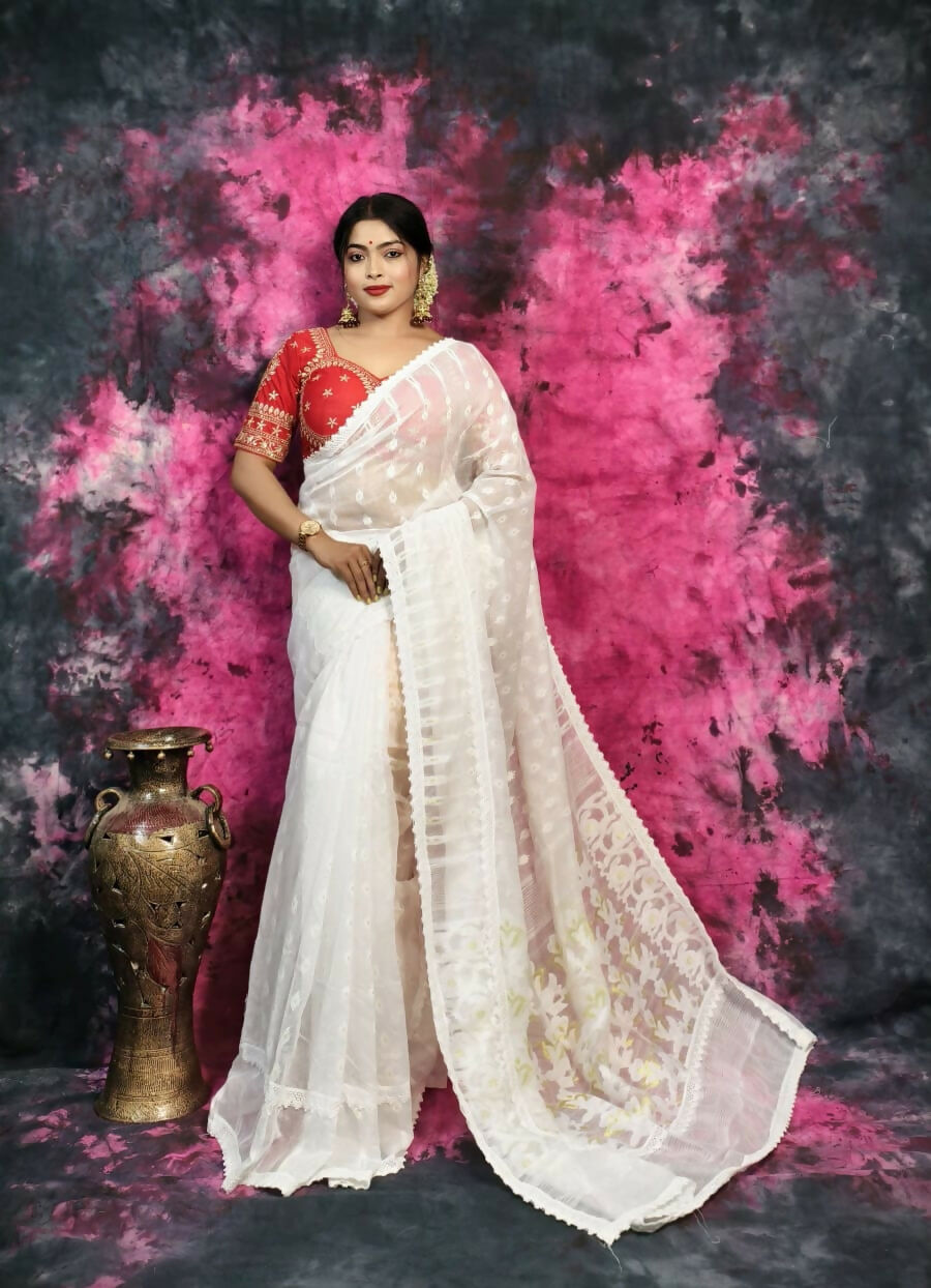 Exclusive Collection Beautiful White Jaal Jamdani Saree - Swadesiicart