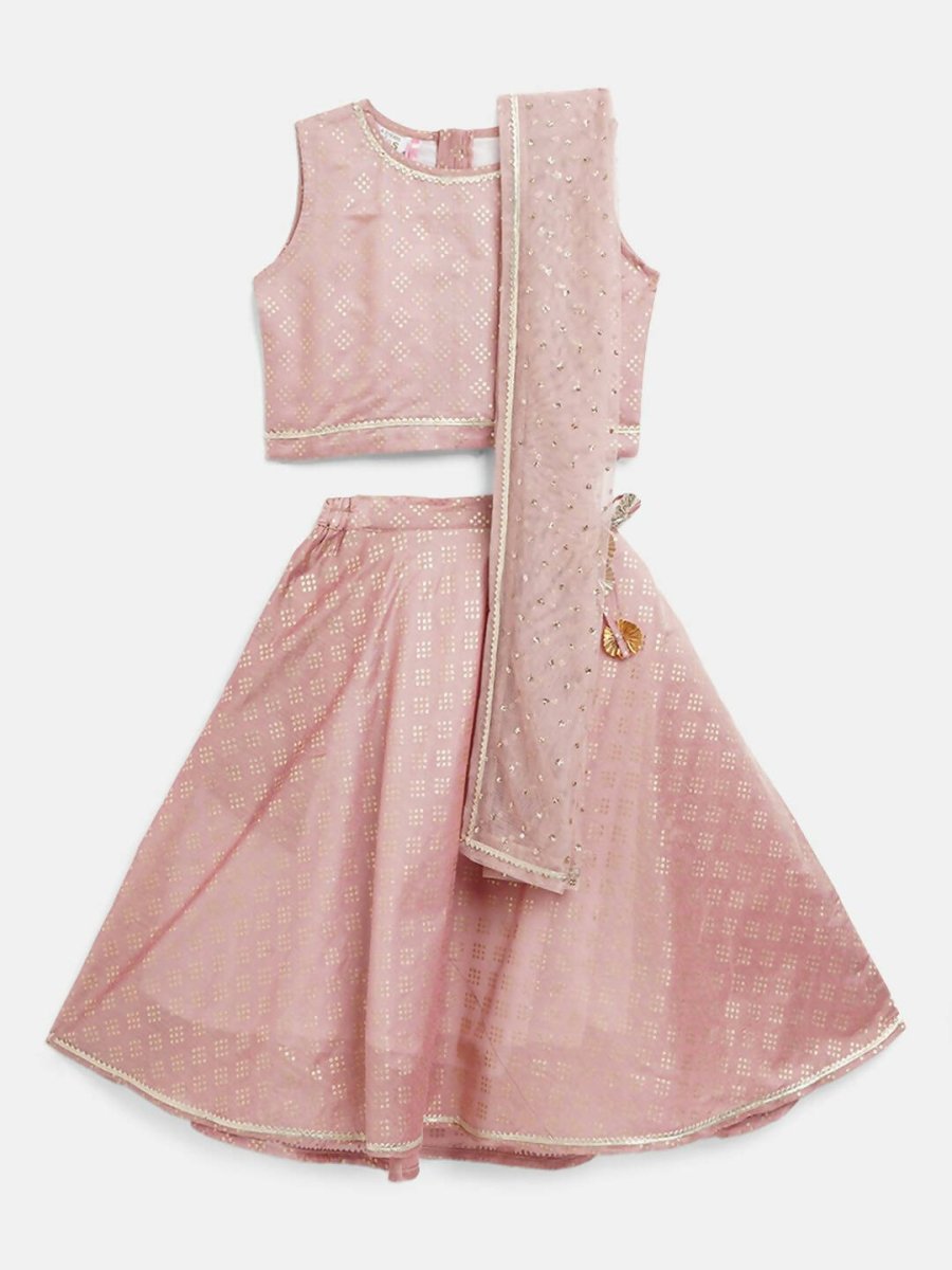 Ahalyaa Rusty Rose Chanderi Gold Foil Print Lehenga Choli With Dupatta For Girls | Swadesiicart