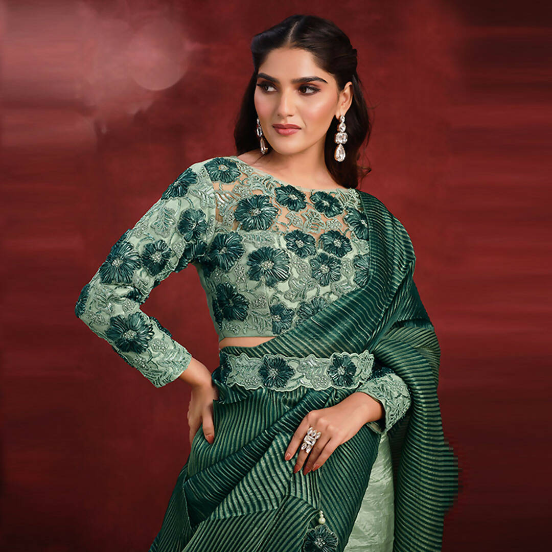 Sea Green Banarasi Crush Silk Sequence Thread & Stone Work/ Texture Pallu Saree - Mohmanthan Kimiya | Swadesiicart