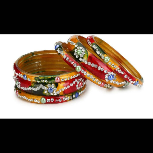 Afast Bridal Wedding & Party Fashionable Colorful Glass Bangle/Kada Set, Pack Of 12 - Pink, Yellow - Swadesiicart
