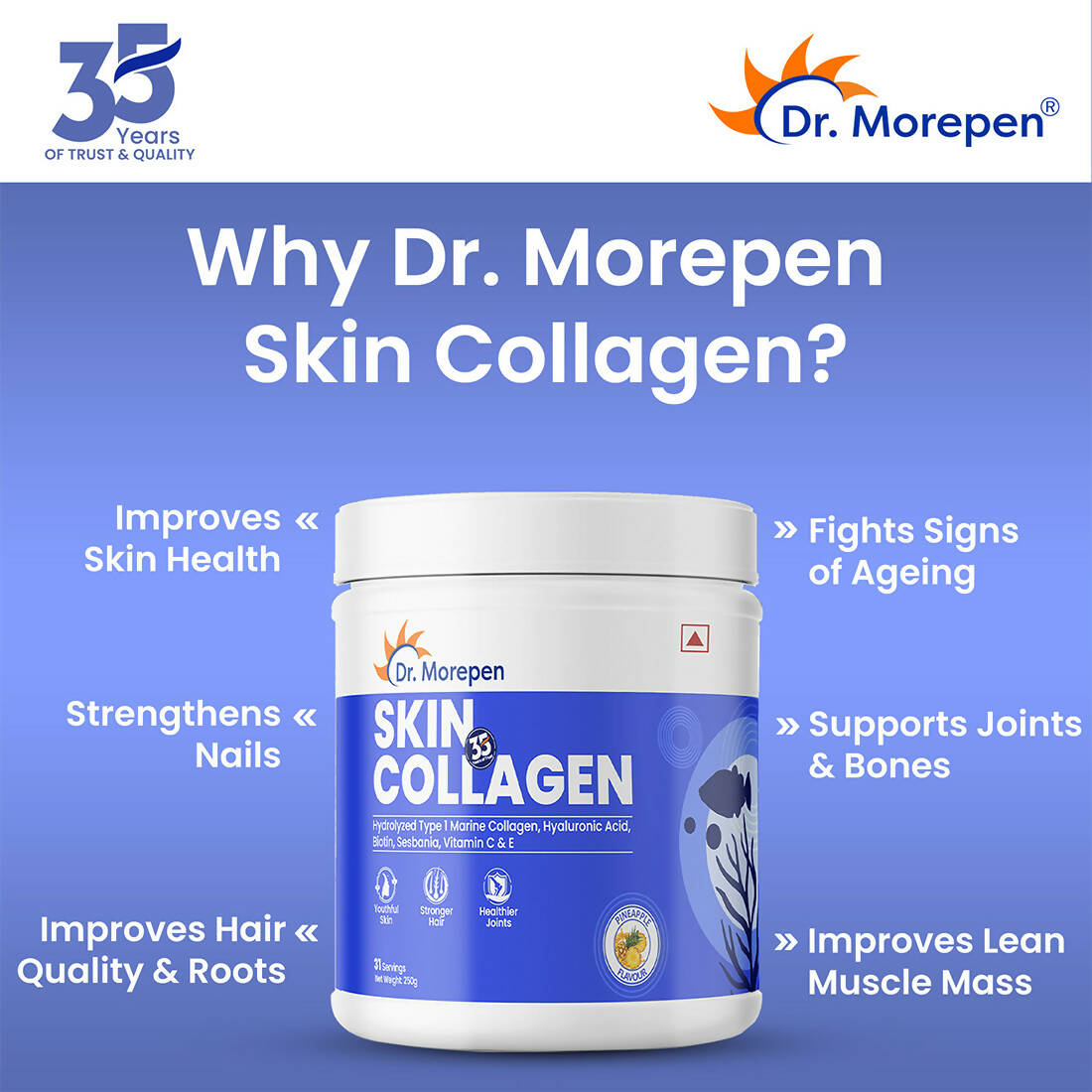Dr. Morepen Skin Collagen Protein Powder With Hyaluronic Acid, Vitamin C, Sesbania & Biotin - Pineapple Flavour - Swadesiicart