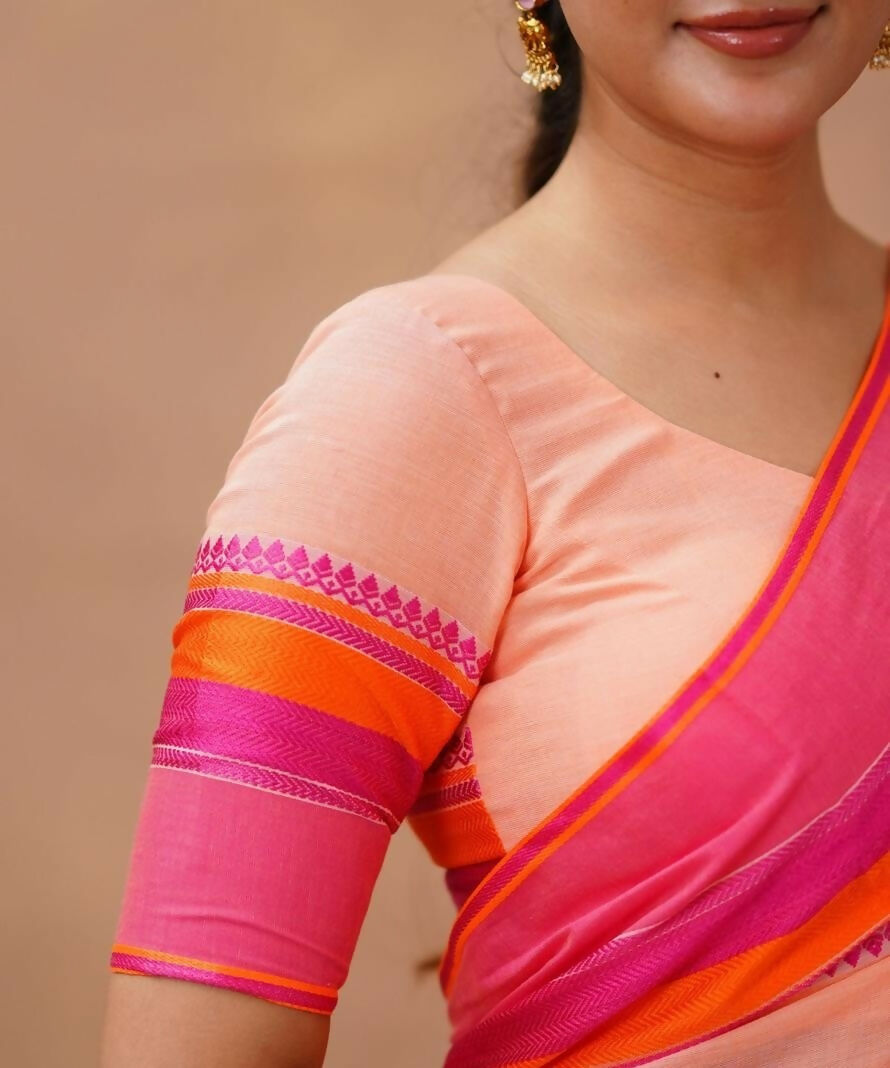 Exclusive Collection Light Orange Beautiful Khadi Cotton Handloom Saree - Swadesiicart