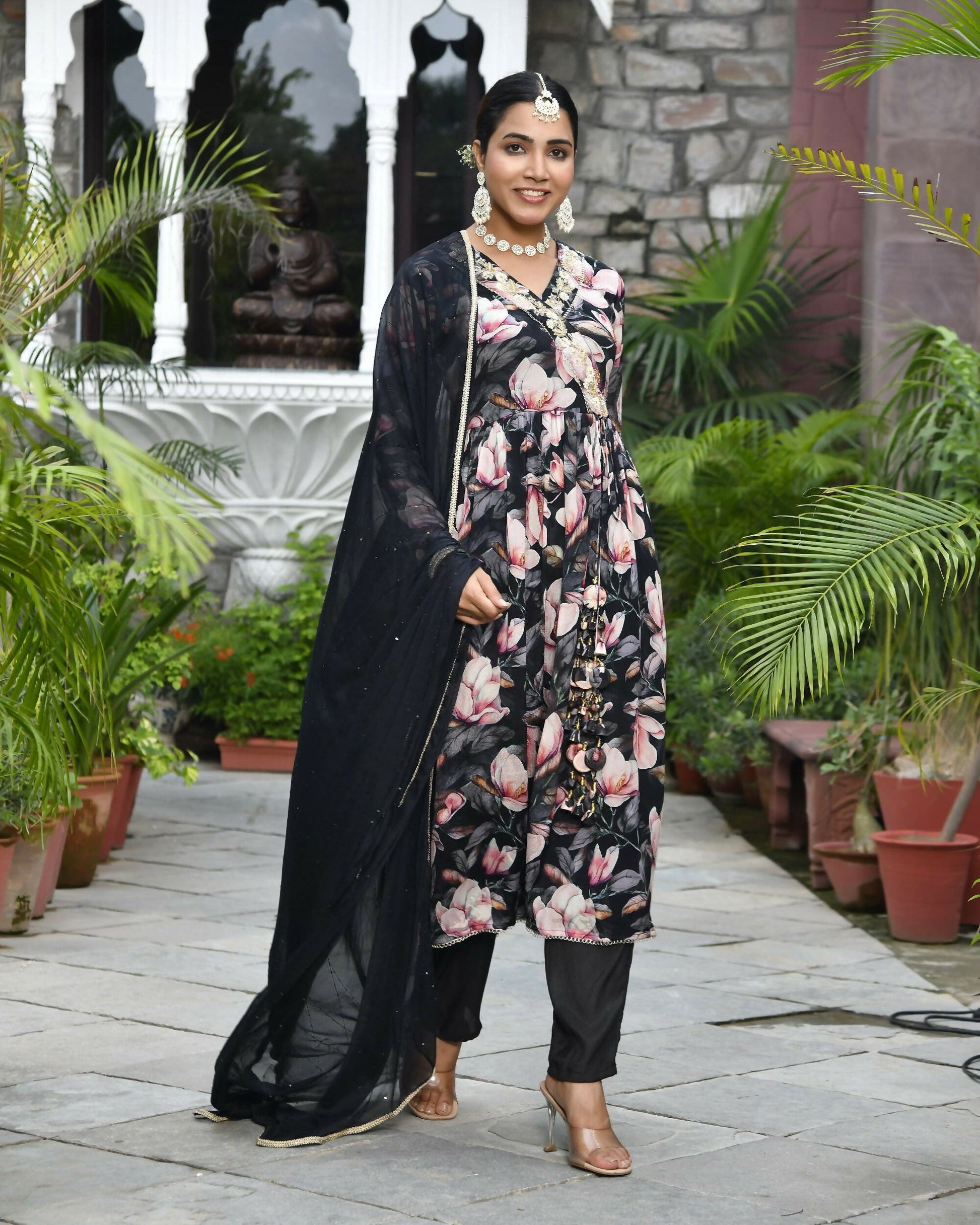 Vaasva Women's Chinon Emboidered Angrakha Anarkali Set With Solid Pant & Solid Embroidered Dupatta | Swadesiicart