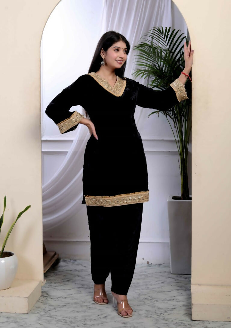 Miravan Women's Black Velvet Dreams Embroidered Co-ord Set - Swadesiicart