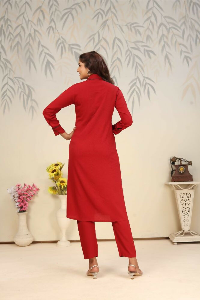 Jyoti Fashion Women's Red Rinkal Cotton Plain with Side Pocket Kurtis & Sets | Swadesiicart