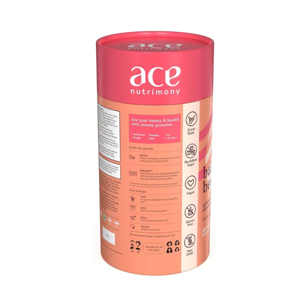 Ace Nutrimony Biotin Balanced Beauty Hair Gummies for Skin and Nails with Clinically Proven Keranat, Biotin - Strawberry | Swadesiicart