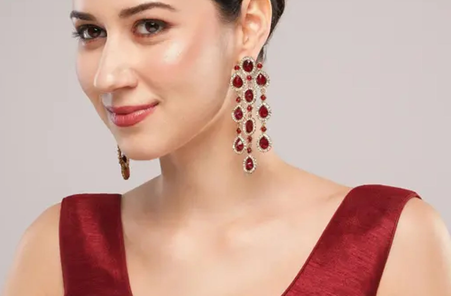 Jewel City Luxurious Ruby Cascade Earrings - Crystal-Embellished Statement Earrings for Wedding & Festival Glamour | Swadesiicart