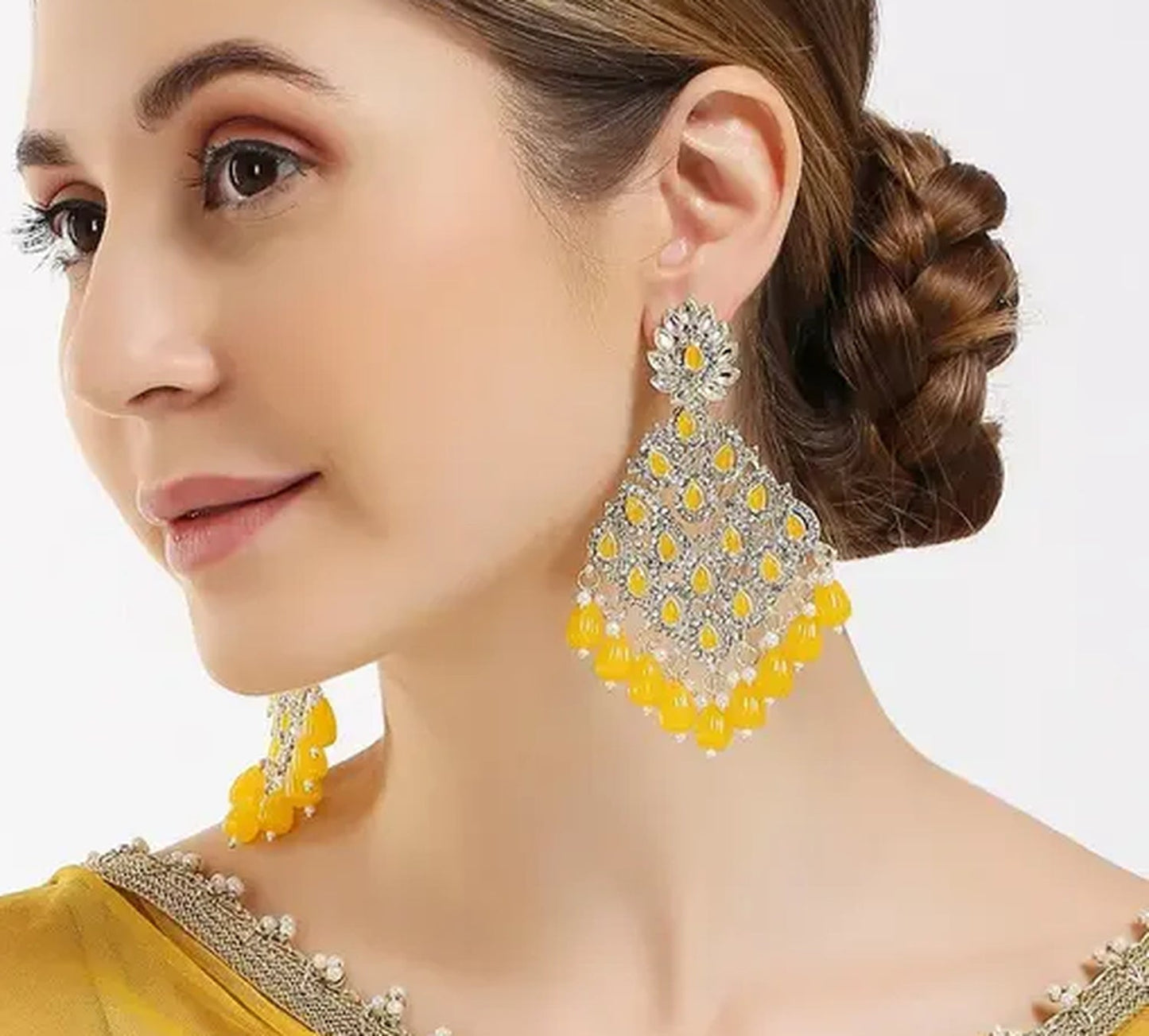 Jewel City Luxurious Yellow Chandelier Earrings - Traditional Indian Statement Jewelry for Wedding & Festival Elegance | Swadesiicart