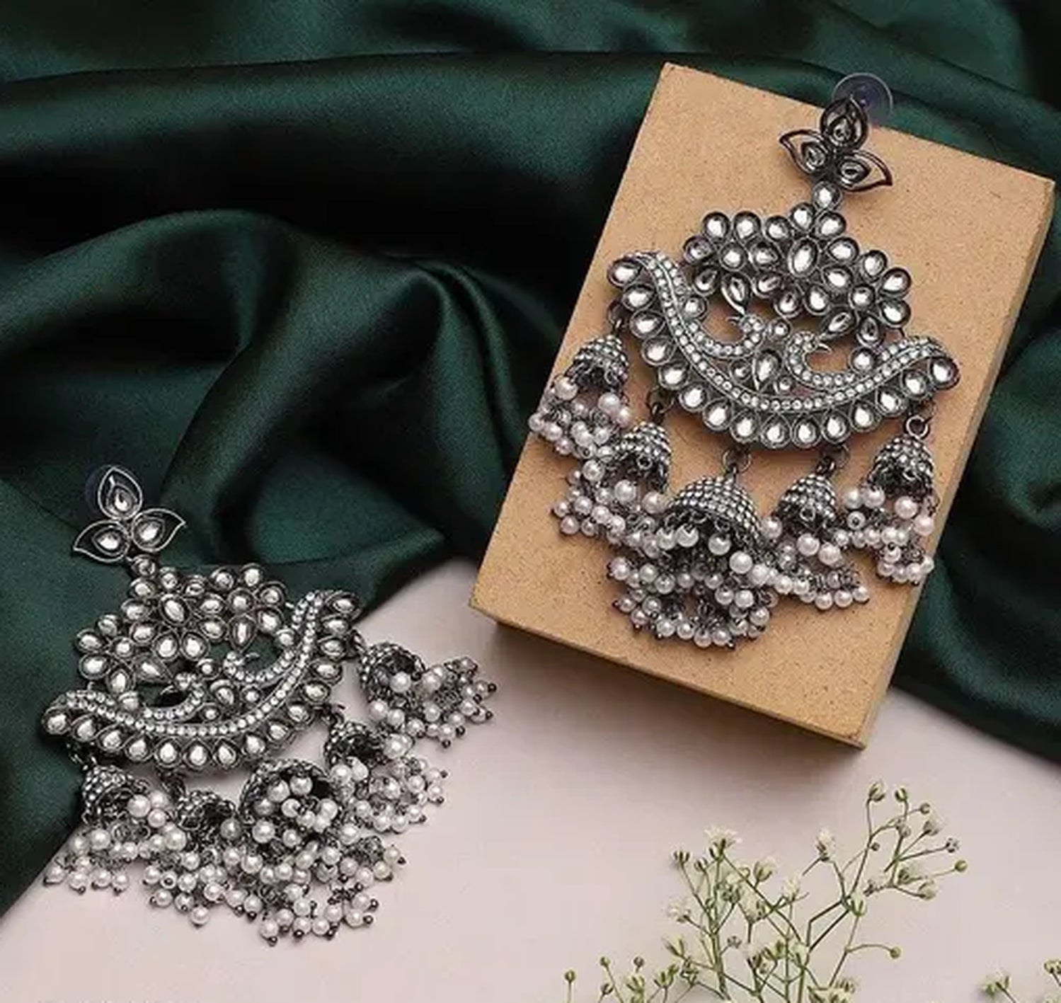 Jewel City Antique Silver Oxidized Kundan Jhumka Earrings - Handcrafted Bridal Chandelier Earrings with Pearl Clusters | Swadesiicart