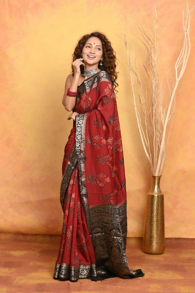 Very Much Indian Modal Silk Ajrakh Handblock Printed Natural Dyes With Designer Border Saree - Red | Swadesiicart