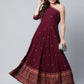 Ahalyaa Women Burgundy & Gold-Toned Ethnic Motifs One Shoulder Ethnic Maxi Dress | Swadesiicart