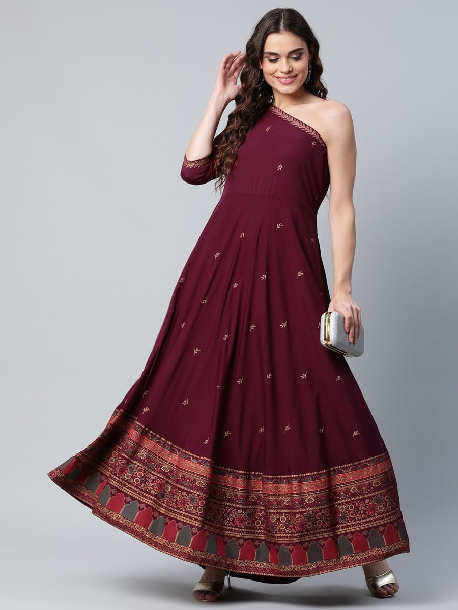 Ahalyaa Women Burgundy & Gold-Toned Ethnic Motifs One Shoulder Ethnic Maxi Dress | Swadesiicart