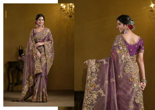 Purple Pure Banarasi Crush Pure Khatli work Designer Saree With Blouse. - Rajasvi | Swadesiicart