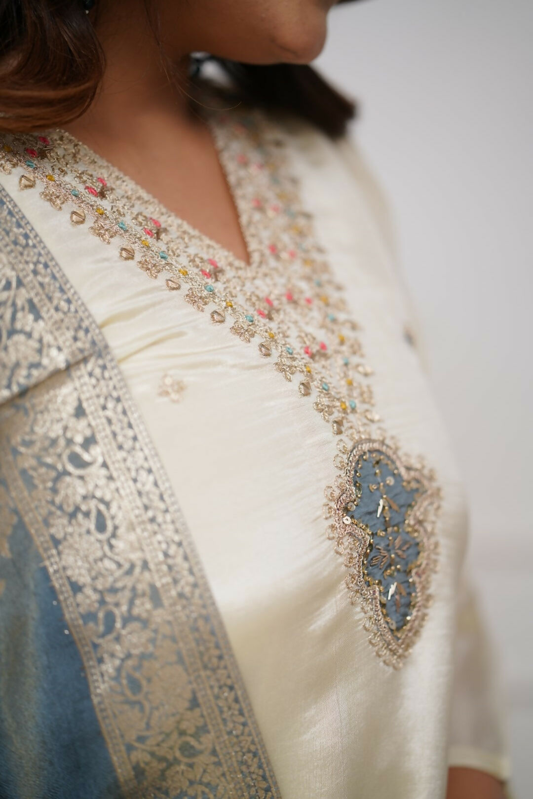 The52 Off White Beautiful Embroidered Viscose Chanderi Fabric Straight Kurta Pant with Dupatta Set - Swadesiicart