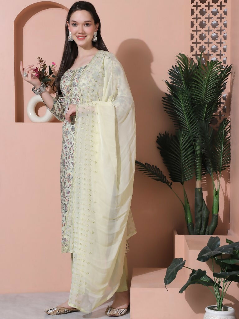 Jyoti Fashion Women's Green Cotton Floral Digital Printed Kurta with Trouser & Dupatta | Swadesiicart