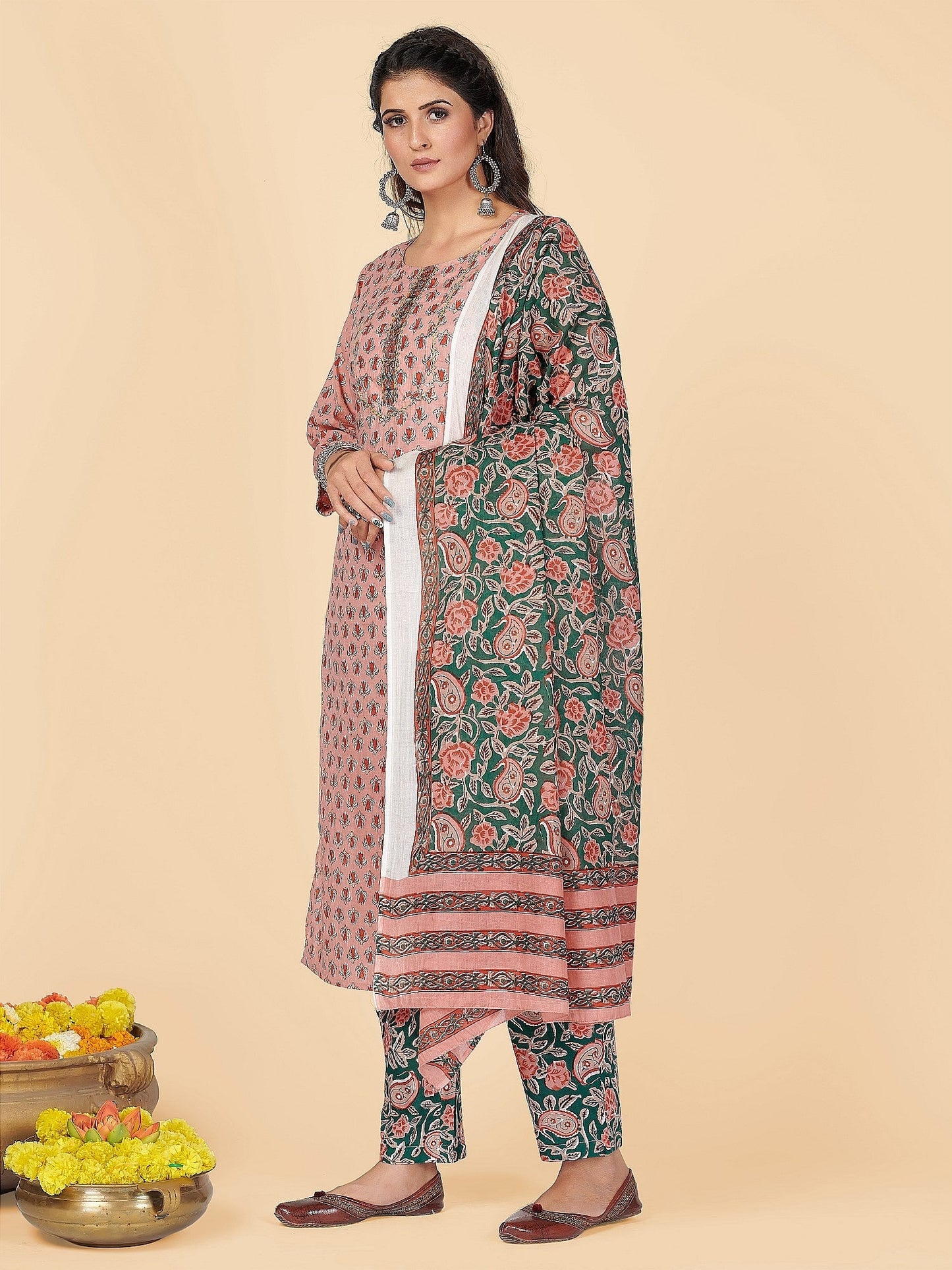 NOZ2TOZ Women's Peach Kurta & Pant With Dupatta Set- (3pcs set) - Swadesiicart