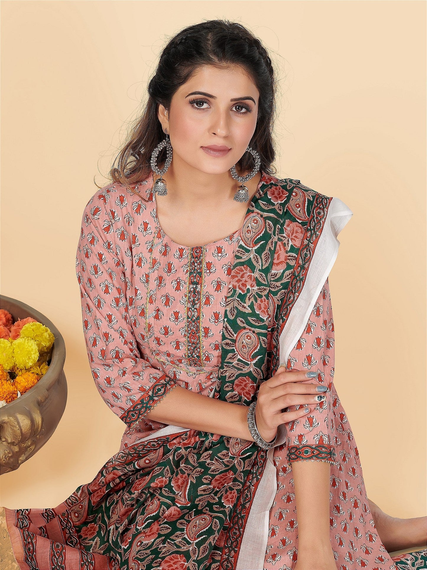 NOZ2TOZ Women's Peach Kurta & Pant With Dupatta Set- (3pcs set) - Swadesiicart