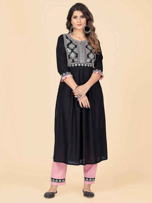 NOZ2TOZ Women's Embroidered & Mirror Work A-Line With Side Slit Rayon Black Stitched Kurta With Pant - Noz2Toz