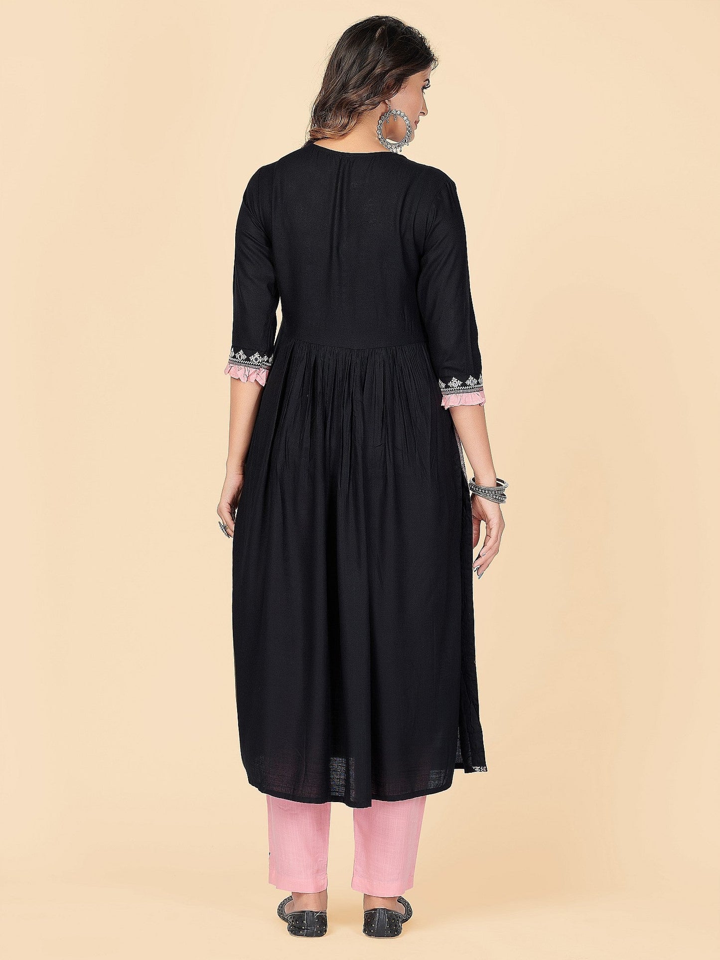 NOZ2TOZ Women's Embroidered & Mirror Work A-Line With Side Slit Rayon Black Stitched Kurta With Pant - Swadesiicart
