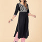 NOZ2TOZ Women's Embroidered & Mirror Work A-Line With Side Slit Rayon Black Stitched Kurta With Pant - Swadesiicart