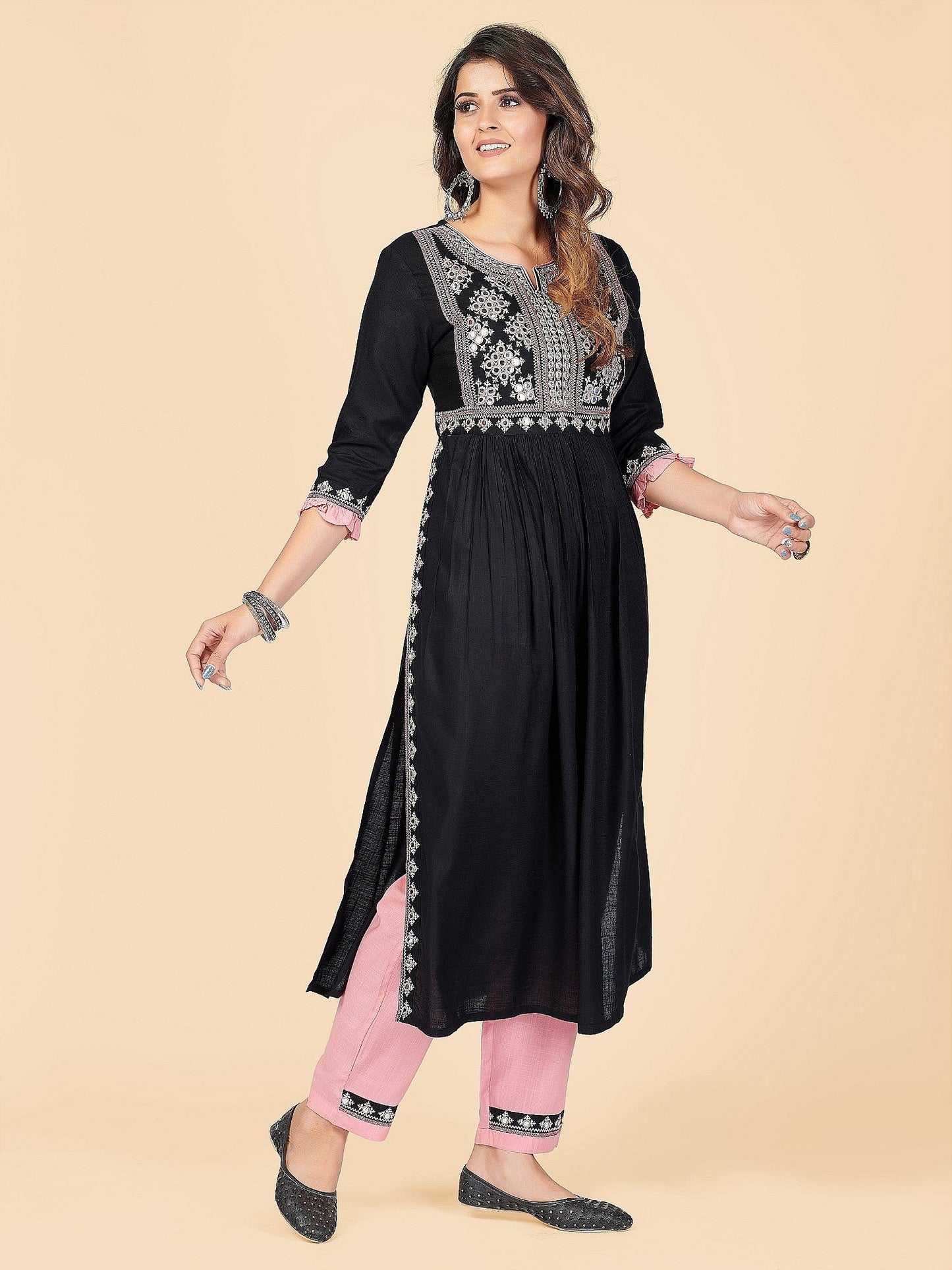 NOZ2TOZ Women's Embroidered & Mirror Work A-Line With Side Slit Rayon Black Stitched Kurta With Pant - Swadesiicart