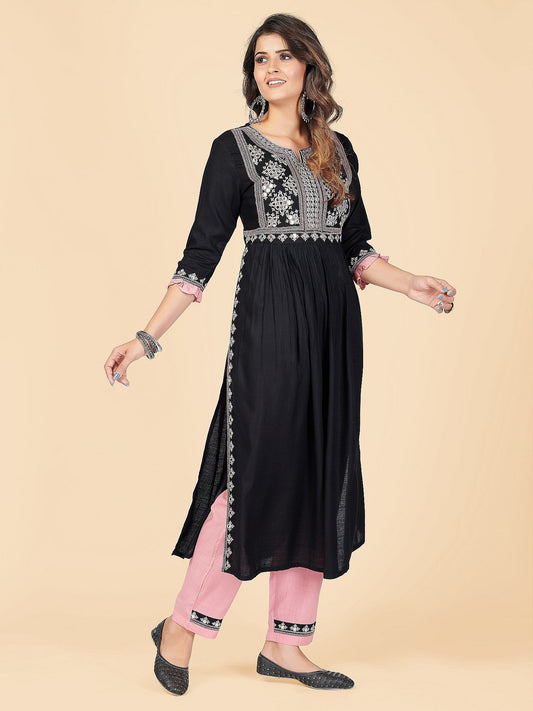 NOZ2TOZ Women's Embroidered & Mirror Work A-Line With Side Slit Rayon Black Stitched Kurta With Pant - Swadesiicart