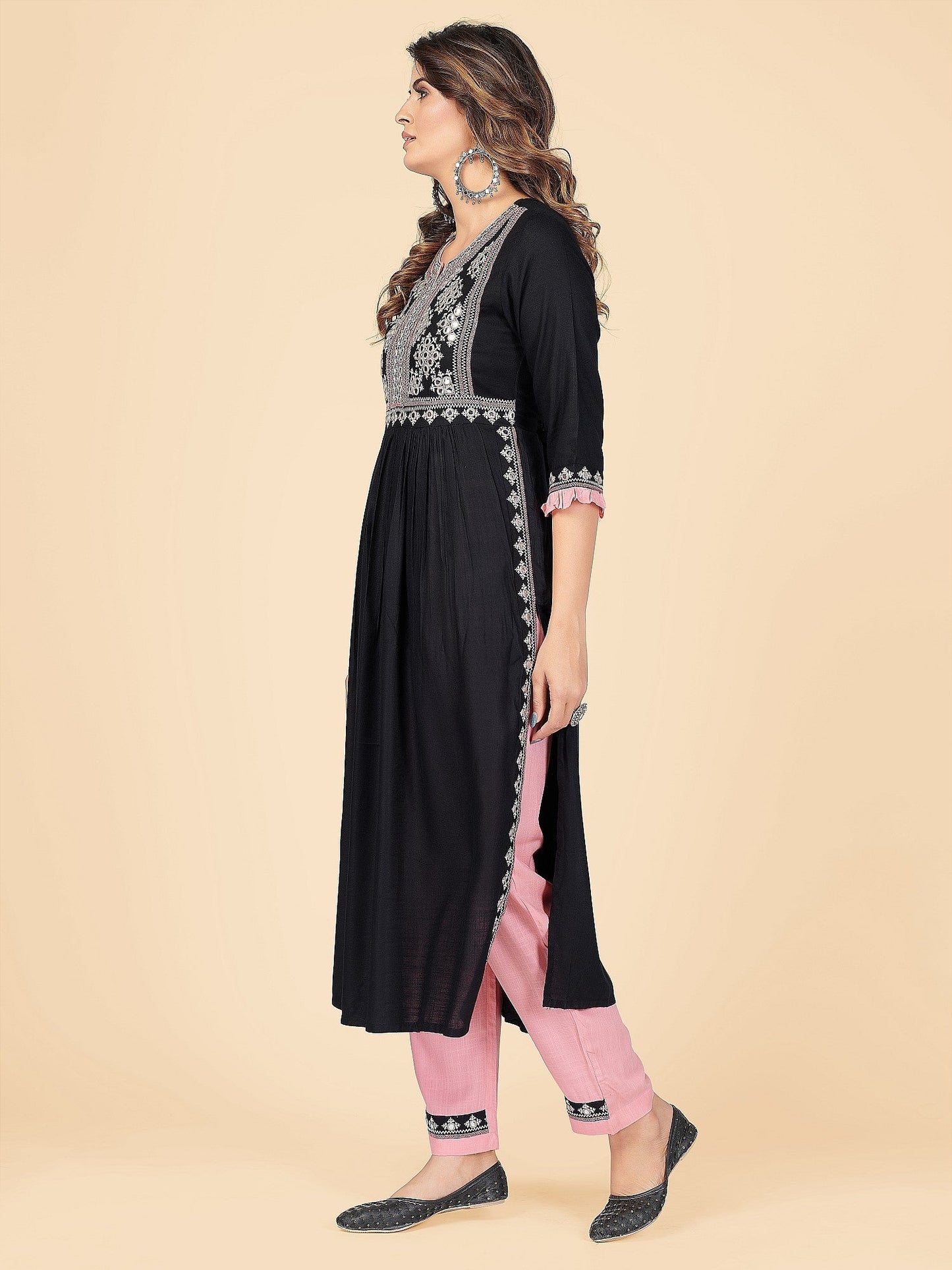 NOZ2TOZ Women's Embroidered & Mirror Work A-Line With Side Slit Rayon Black Stitched Kurta With Pant - Swadesiicart