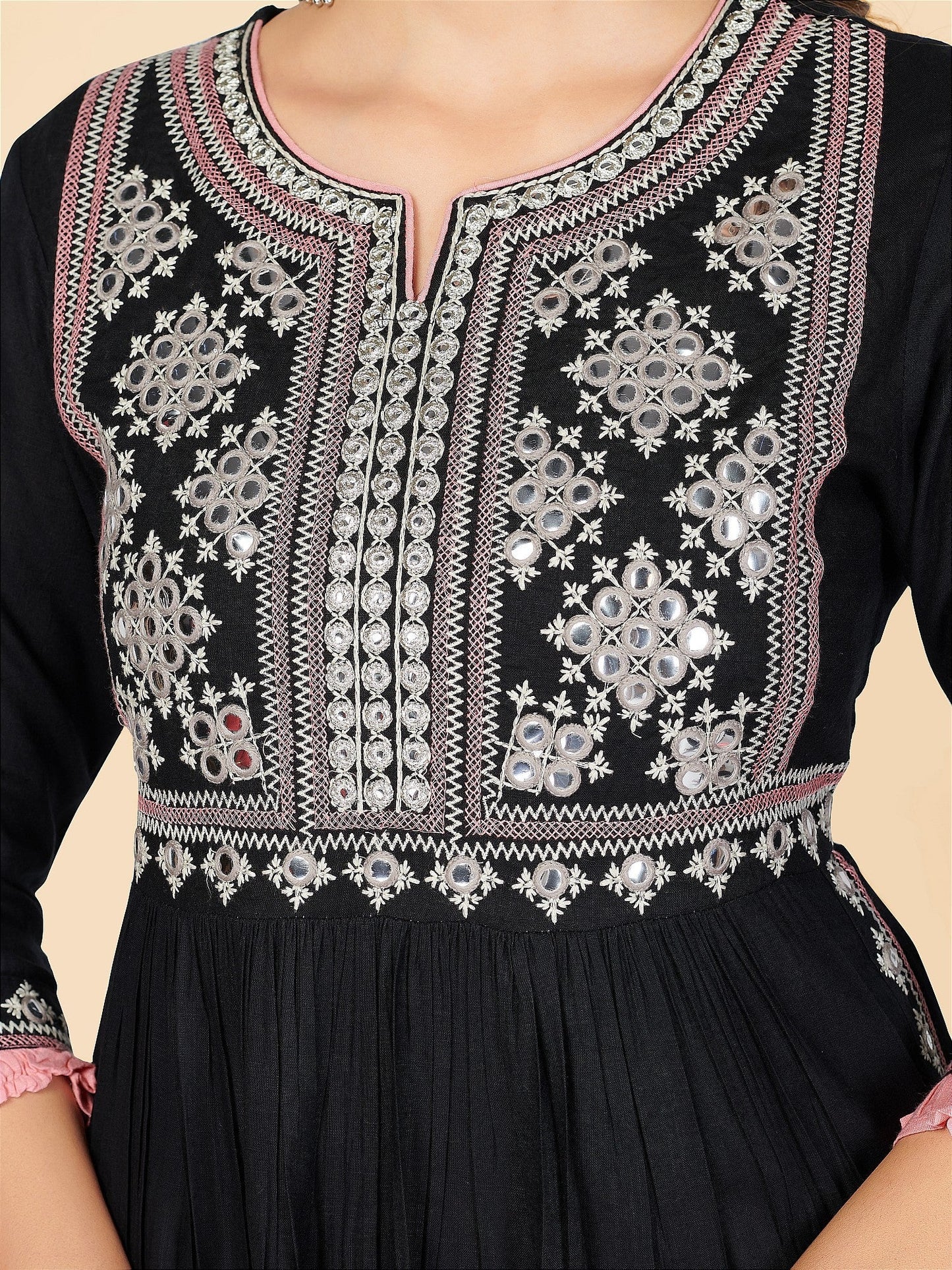 NOZ2TOZ Women's Embroidered & Mirror Work A-Line With Side Slit Rayon Black Stitched Kurta With Pant - Swadesiicart