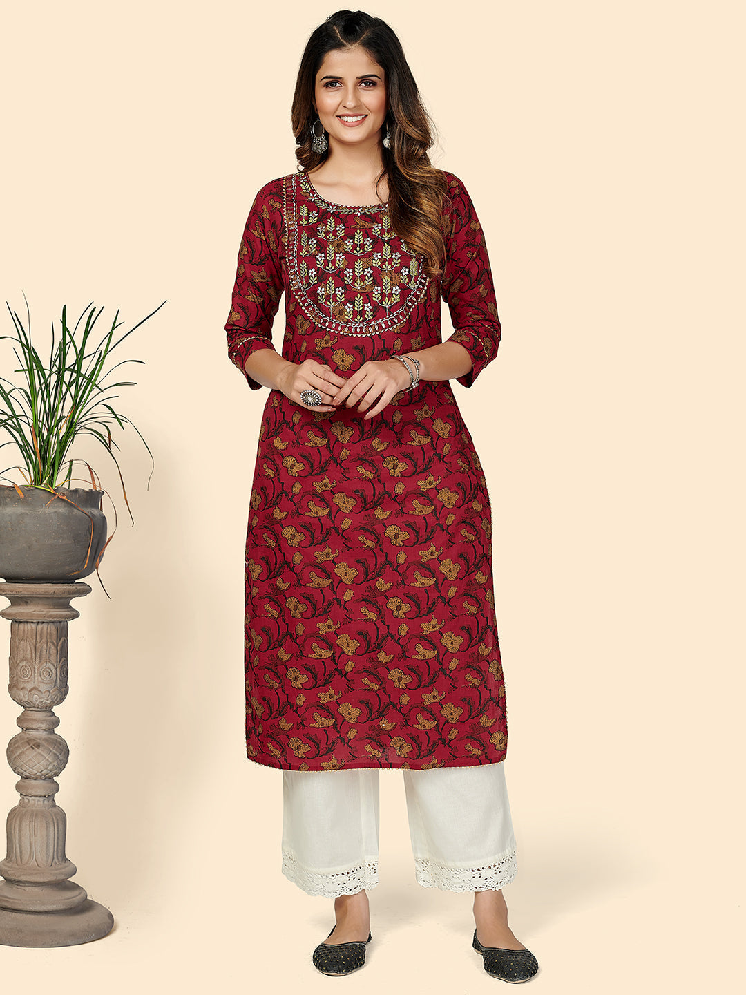 NOZ2TOZ Women's Printed & Embroidered Straight Cotton Red Stitched Kurta - Swadesiicart