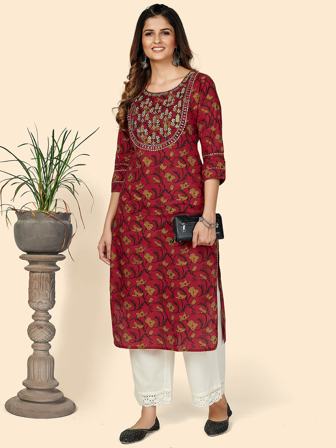 NOZ2TOZ Women's Printed & Embroidered Straight Cotton Red Stitched Kurta - Swadesiicart