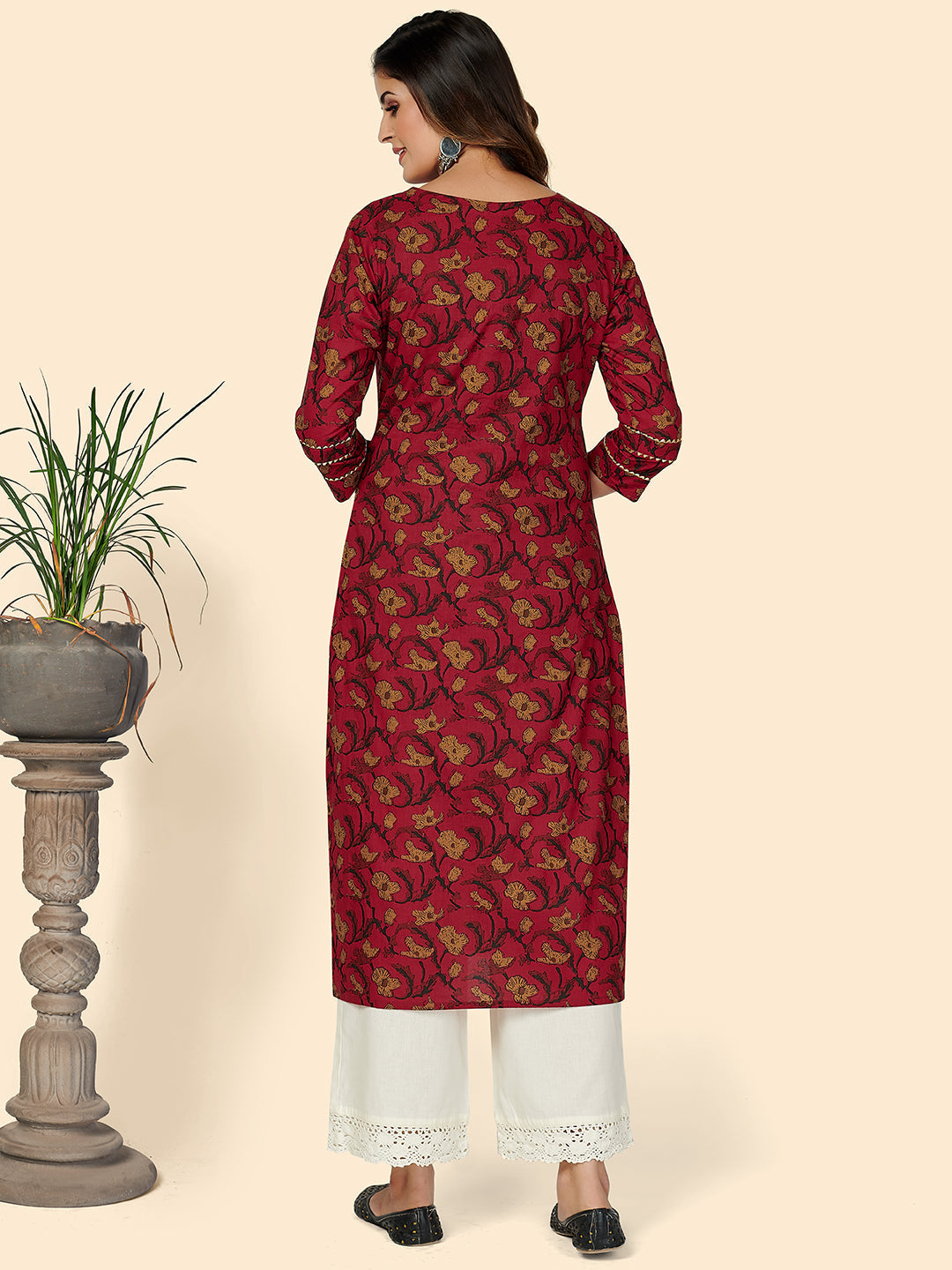 NOZ2TOZ Women's Printed & Embroidered Straight Cotton Red Stitched Kurta - Swadesiicart